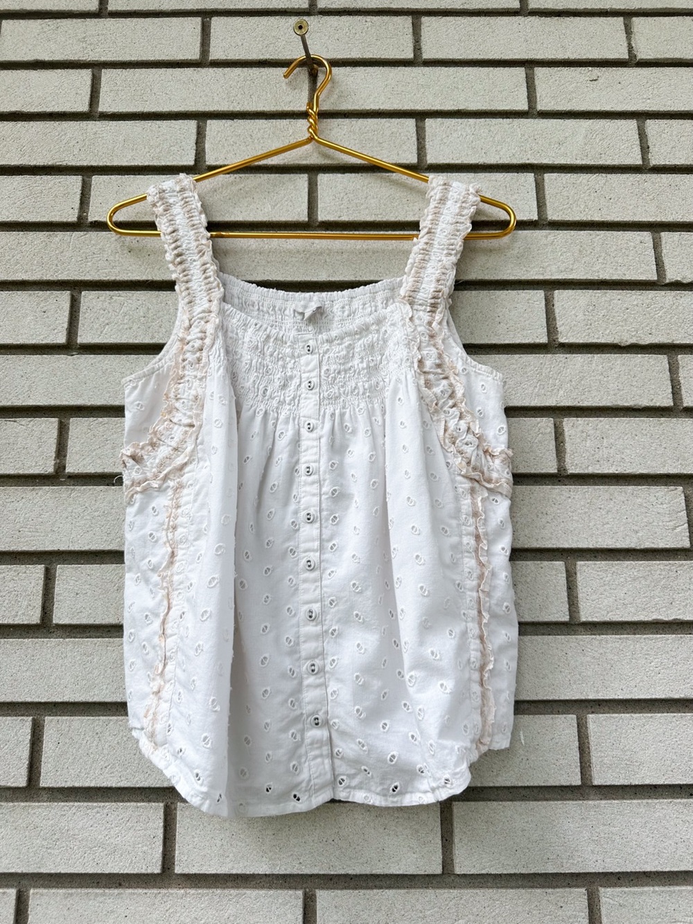 Jennifer & Grace White Eyelet Embroidered Smocked Ruffle Tank Top M Cottagecore